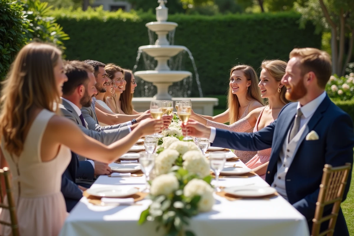 Invites en tenue chic dans un jardin lors d’un mariage