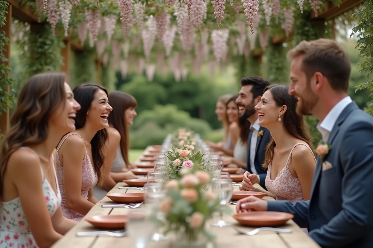 Groupe d'invités de mariage riant autour d'une table banquet sous une pergola fleurie dans un domaine