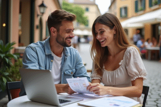 Jeune couple souriant planifiant leur mariage en ville