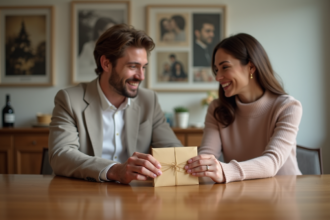 Jeune couple élégant échangeant des cartes de mariage à table