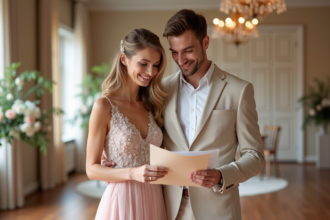 Jeune couple en mariage choisissant des tissus et couleurs