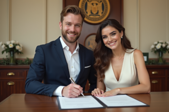 Jeune couple signant mariage à la mairie