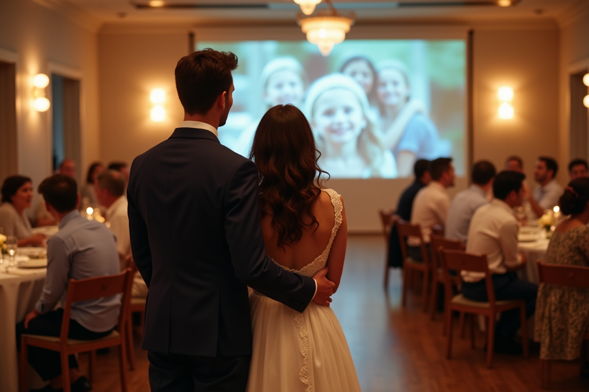 Jeune couple souriant lors de la projection d un diaporama dans la salle de reception