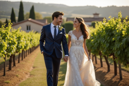 Jeune couple marié dans un vignoble en Provence