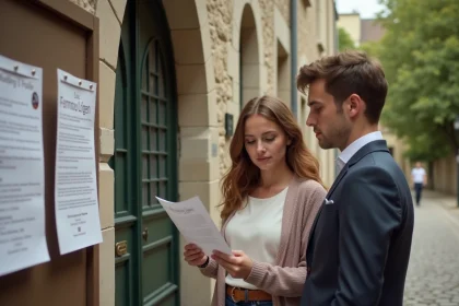 Jeune couple lisant une annonce de mariage devant la mairie