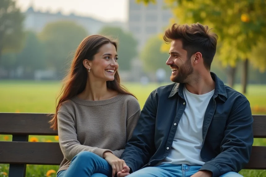 Jeune couple discutant dans un parc en plein air