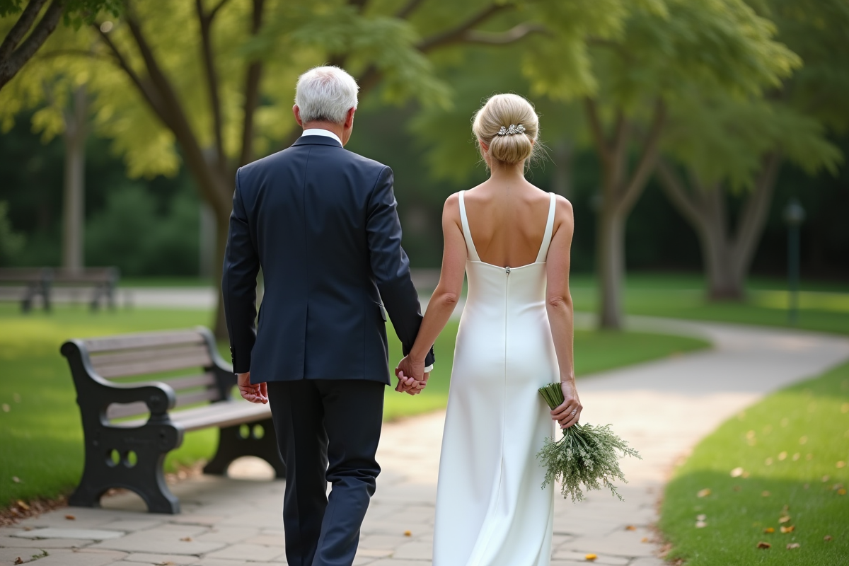 Jeune couple marié se promenant dans un parc paisible