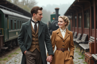 Jeune couple de mariés en voyage en train vintage