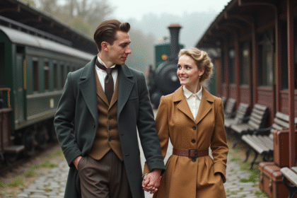 Jeune couple de mariés en voyage en train vintage