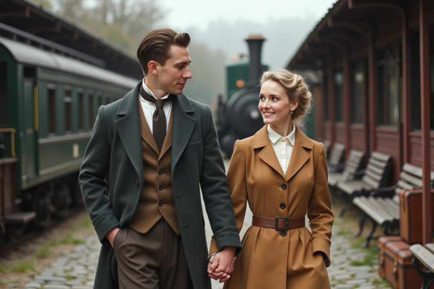 Jeune couple de mariés en voyage en train vintage