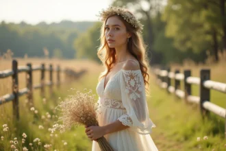 Jeune femme en robe de mariage bohème dans un pré ensoleille