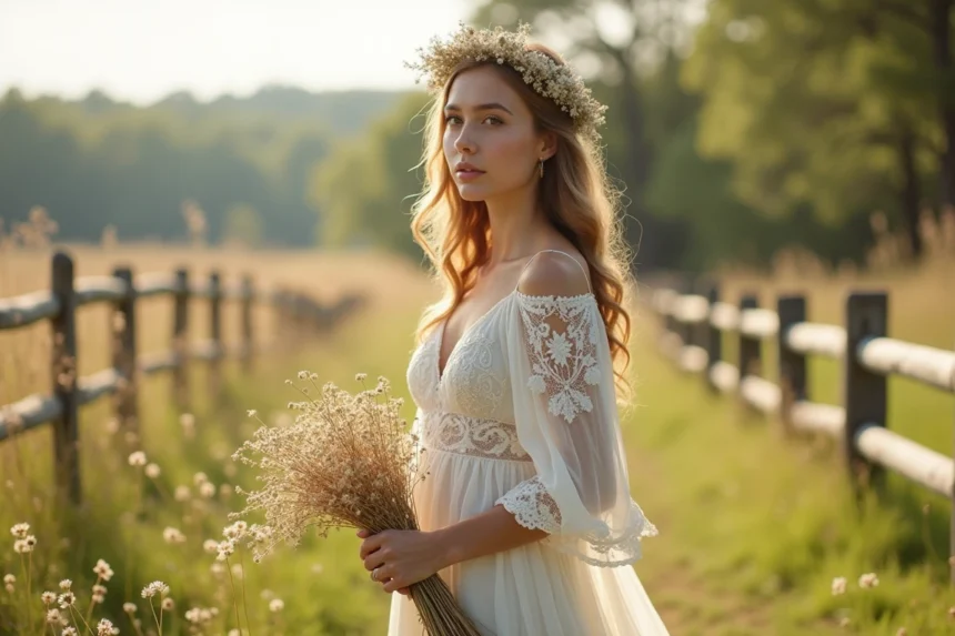 Jeune femme en robe de mariage bohème dans un pré ensoleille