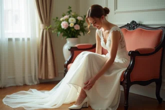 Jeune femme en robe de mariée ajuste ses chaussures blanches