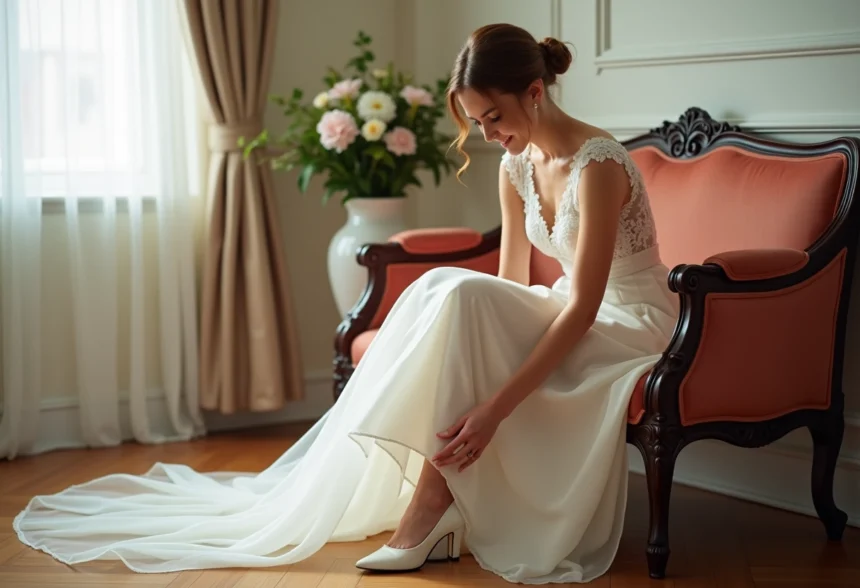 Jeune femme en robe de mariée ajuste ses chaussures blanches