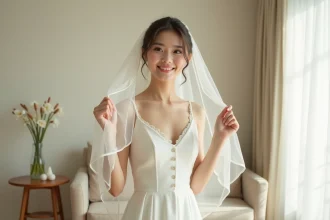 Jeune femme en robe de mariée ajustant son voile dans un intérieur lumineux