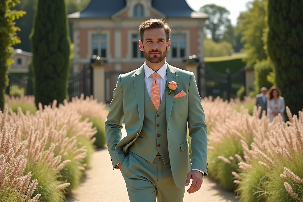 Jeune marié en costume vert marchant dans le jardin