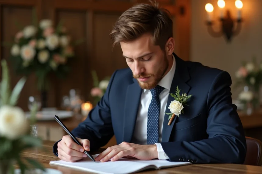 Jeune homme en costume bleu lors d'un mariage