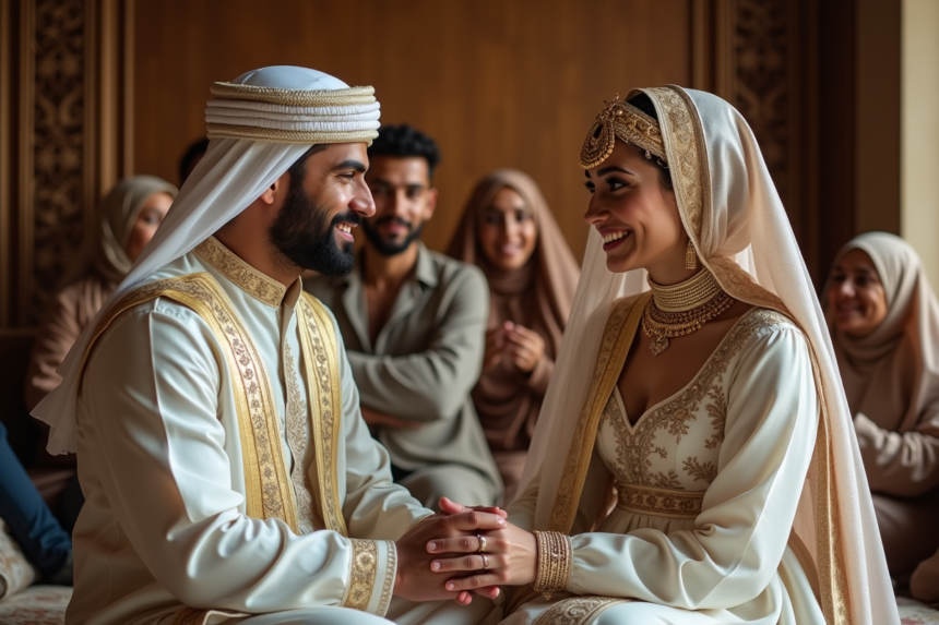 Jeune couple nord-africain en tenue traditionnelle lors de leur mariage