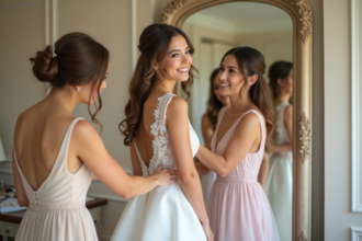 Jeune mariée souriante aidée par ses amies dans la suite nuptiale