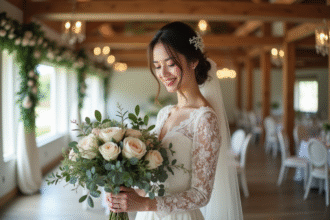Jeune mariée en robe de dentelle arrangeant un bouquet de fleurs