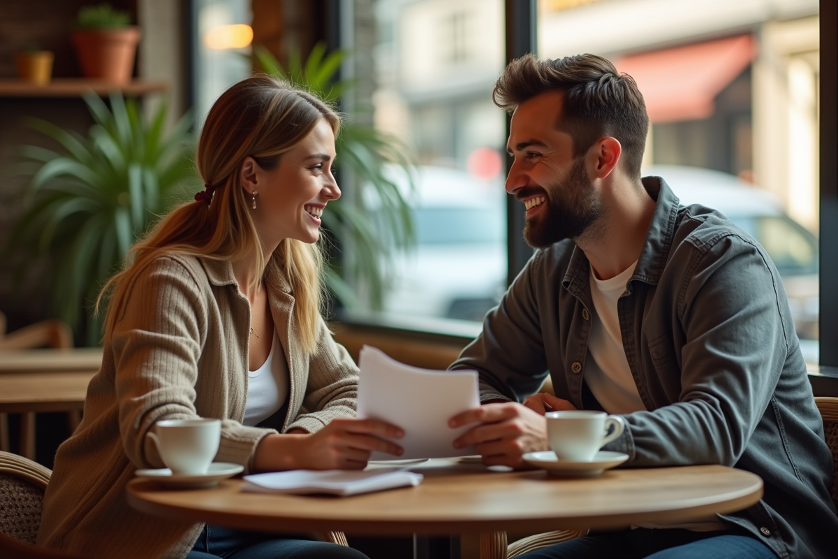 Jeunes mariés discutant autour d un café cosy
