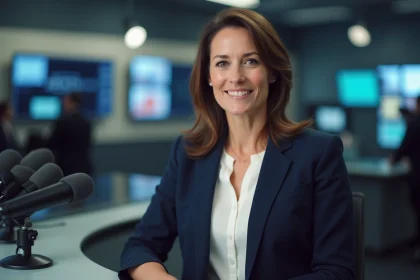 Journaliste femme professionnelle en studio de télévision, portrait éditorial illustrant un article sur Charlotte d'Ornellas