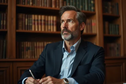 Journaliste politique en costume sombre dans un bureau feutré, regard pensif et discret, illustrant la vie privée préservée d'une personnalité médiatique