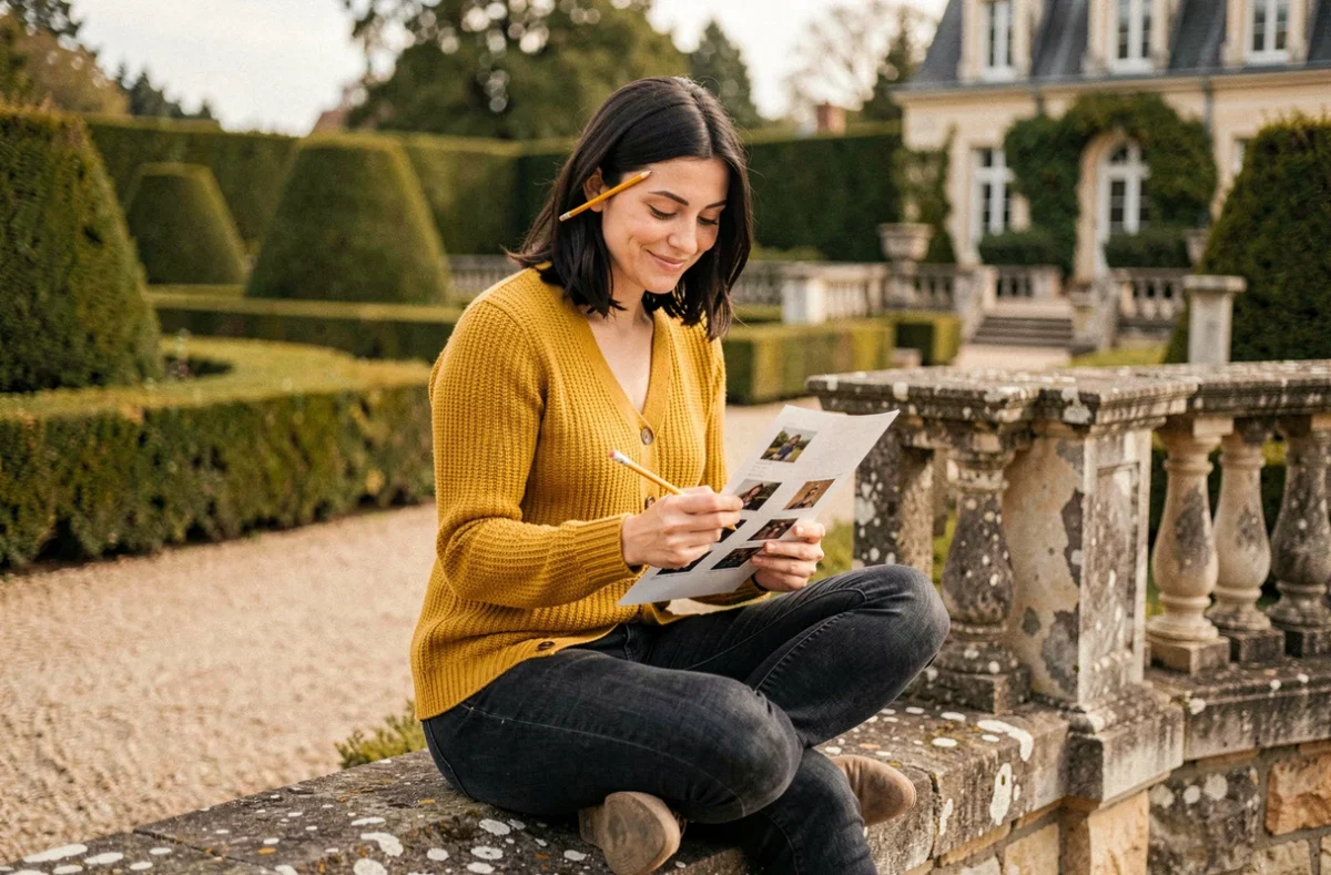 Photographe de mariage assise sur un mur de pierre d'un manoir normand, examinant une planche contact imprimée