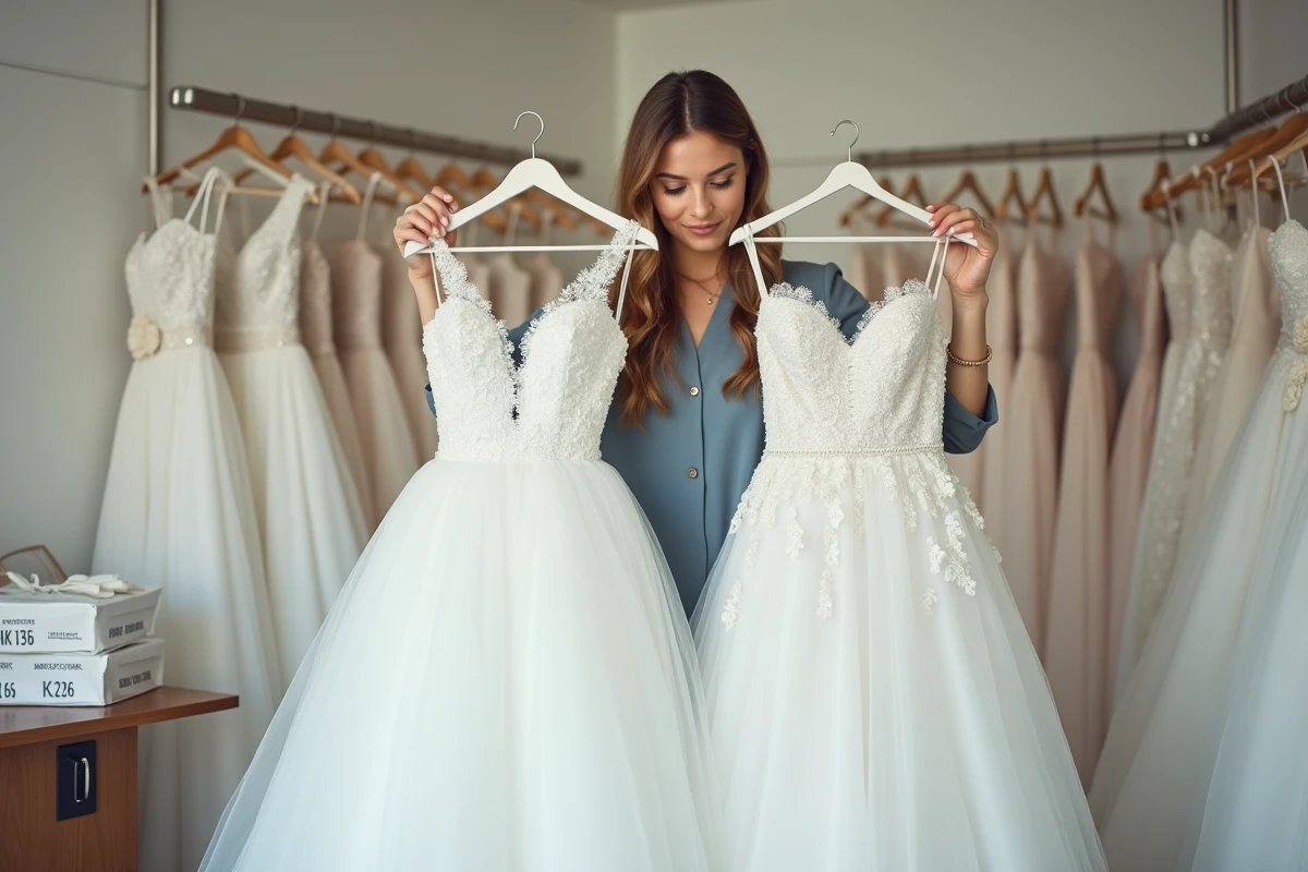 Femme comparant deux robes de mariée à louer dans un magasin de location de robes de mariage avec étiquettes de prix visibles