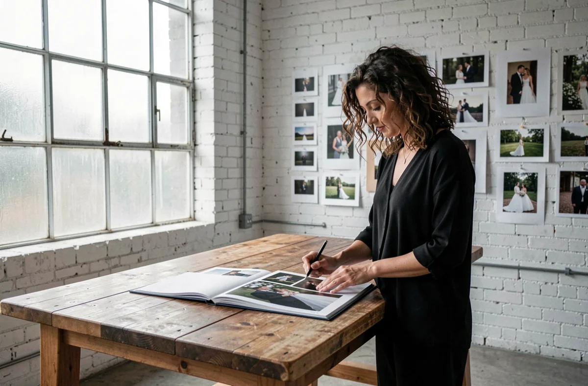 Studio de photographie Lona La Studio dans un loft industriel aménagé, avec une photographe examinant des épreuves de mariage sur une grande table en bois