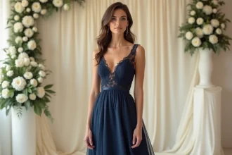 Femme portant une longue robe de soirée élégante dans une salle de mariage décorée de fleurs blanches