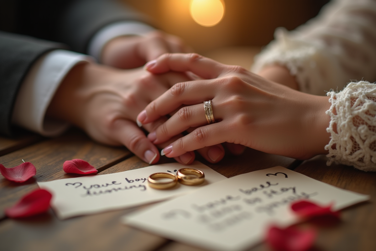 Mains entrelacees avec bagues de mariage et notes d