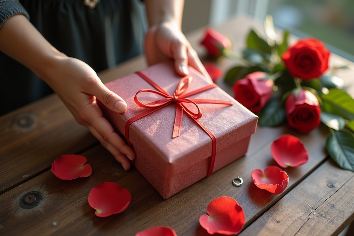 Mains ouvrant un coffret cadeau avec des pétales de rose