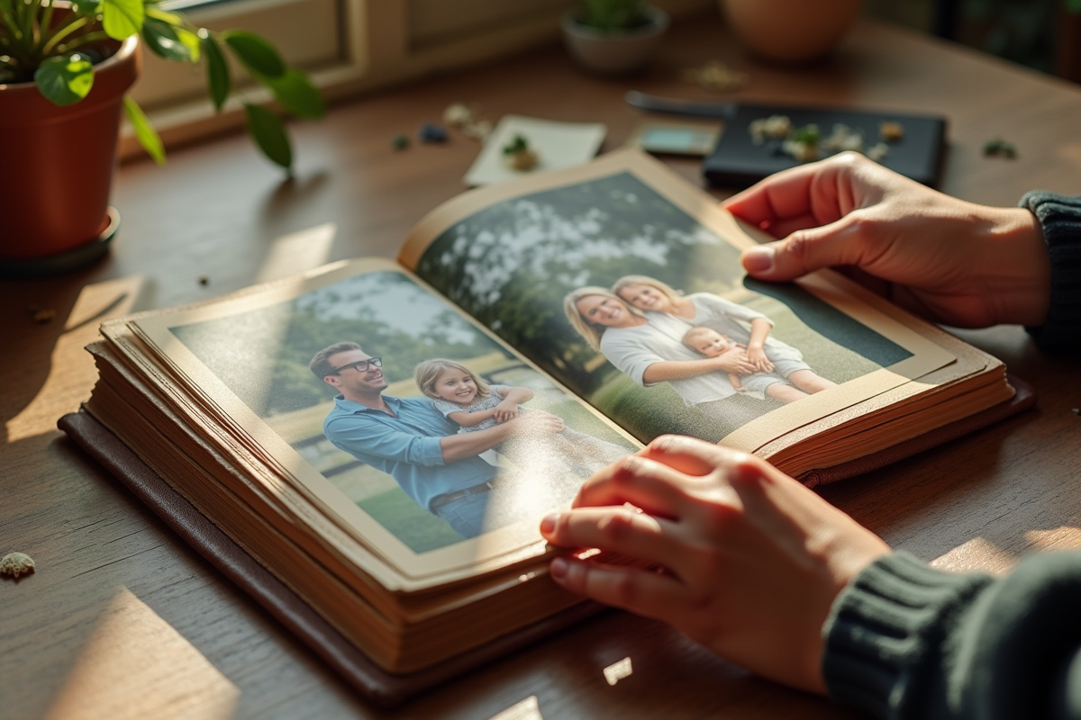 Mains disposant des photos de famille dans un album en bois