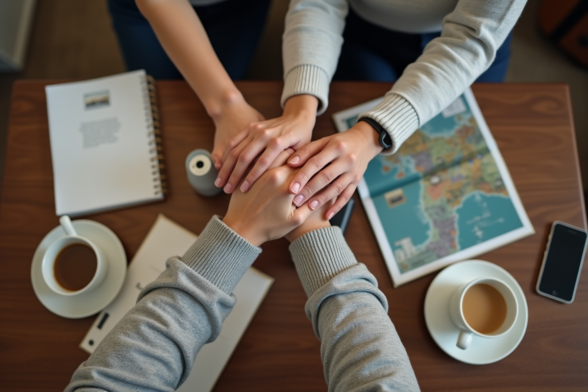 Mains entrelacees planifiant un voyage dans un hotel