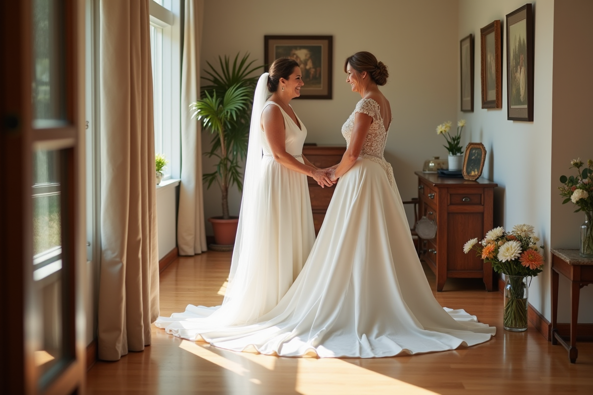 Mère ajustant la robe de la mariée dans le couloir ensoleille