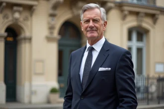 Animateur télévision élégamment habillé devant une architecture parisienne, évoquant l'univers du mariage et des cérémonies festives
