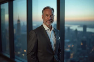 Portrait d'un homme en costume élégant dans un appartement moderne avec vue sur une skyline urbaine, symbolisant le style de vie des célébrités
