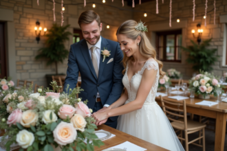 Jeune couple de mariés arrangeant des centres de fleurs pastel