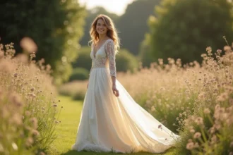 Jeune femme souriante en robe de mariée bohème dans un jardin