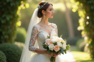 Mariée tenant un bouquet blanc et rose dans un jardin élégant