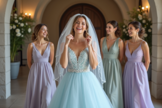 Mariée souriante en robe pastel ajustant son voile