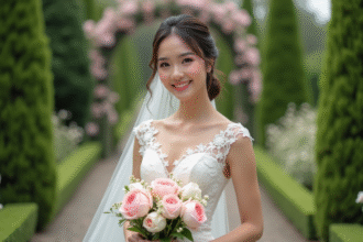 Mariée souriante en robe blanche dans un jardin