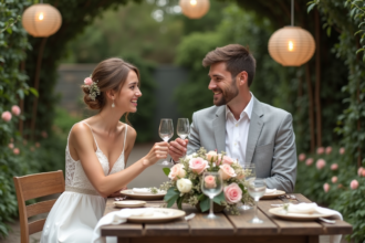 Jeune couple en mariage champêtre toastant dans un jardin
