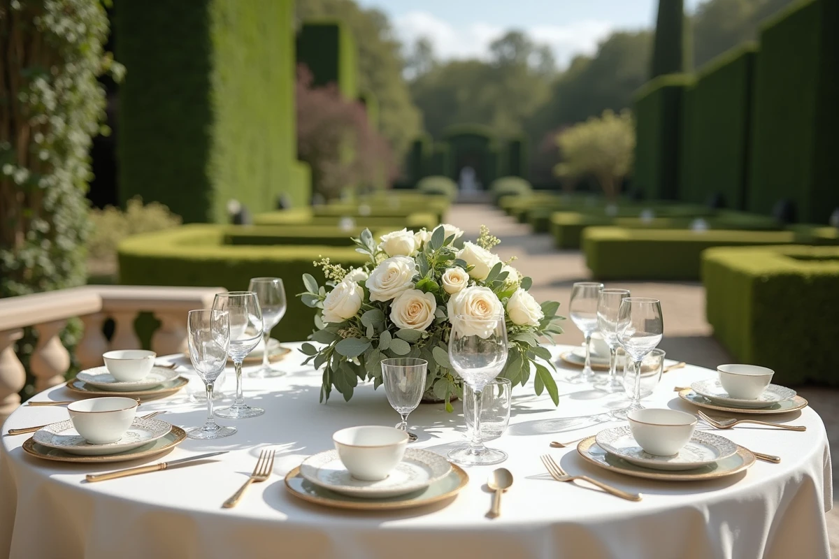 Table de réception de mariage chic dans un jardin de château français avec nappes blanches et bouquets de roses ivoire