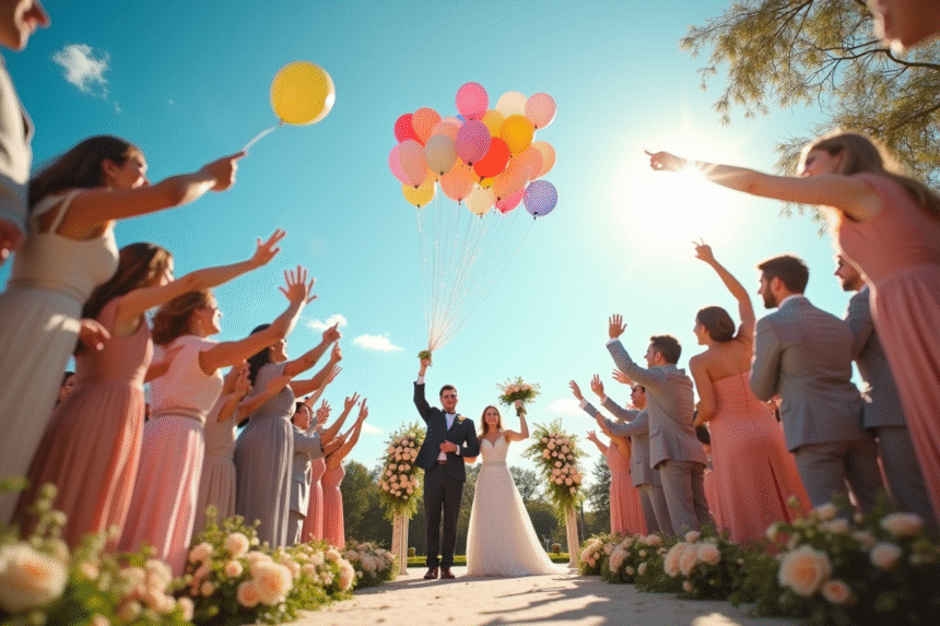 Cérémonie de mariage en plein air avec ballons colorés dans le ciel bleu