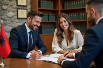 Couple signant les documents officiels d'un mariage civil en Albanie dans un bureau d'état civil