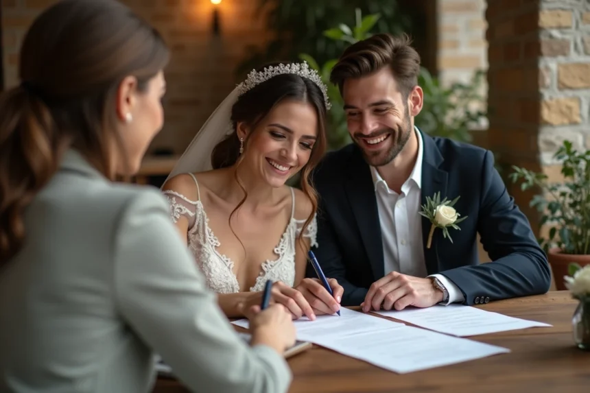 Jeune couple et photographe lors de la signature du contrat de mariage