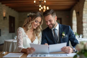 Jeune couple en mariage avec organisatrice dans reception