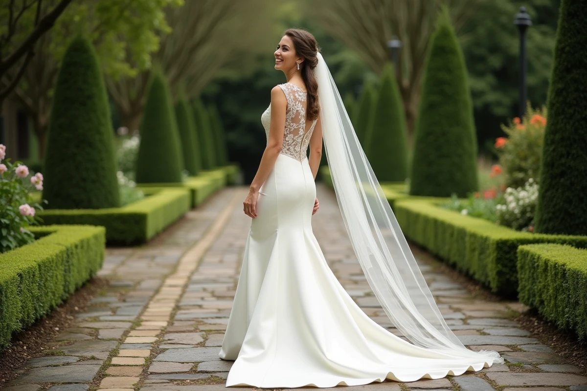 Mariée dans un jardin avec robe structurée et voile flottant